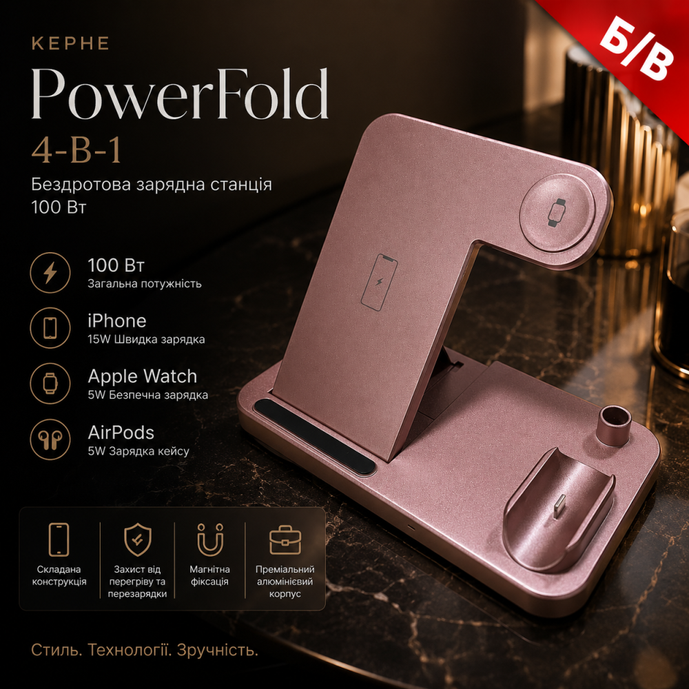 Беспроводная зарядная станция KEPHE PowerFold 4-в-1, 100 Вт для iPhone, Apple Watch, AirPods — Б/У Киев - изображение 1