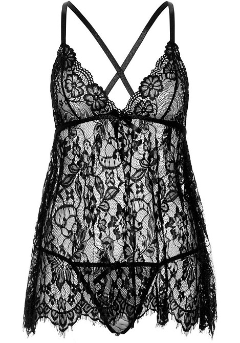 Сорочка бебі-дол Leg Avenue Floral lace babydoll & string Black S, стрінги Sex Aura Київ - фото 3