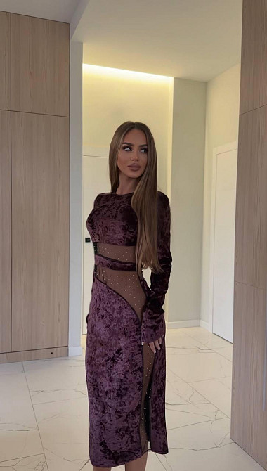 Жіноче святкове, привабливе мідіплаття з м'якого оксамиту зі вставками сітки з камінчиками Сливовий, 44/46 Одеса - фото 2