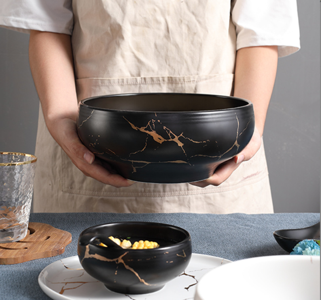 Тарелка глубокая Мраморная роскошь ЧЕРНАЯ фарфоровая под мрамор 23 см 2300 мл БОЛЬШАЯ тарелка для супа Кременчуг - изображение 1