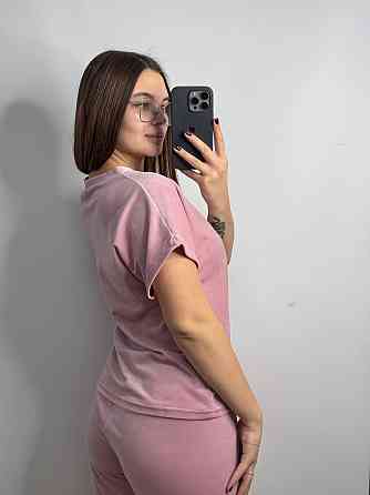 Піжама-комплект (футболка+шорти+штани) з плюшевого велюру Пудровий M Харків