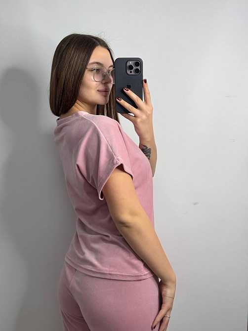 Піжама-комплект (футболка+шорти+штани) з плюшевого велюру Пудровий M Харків - фото 4