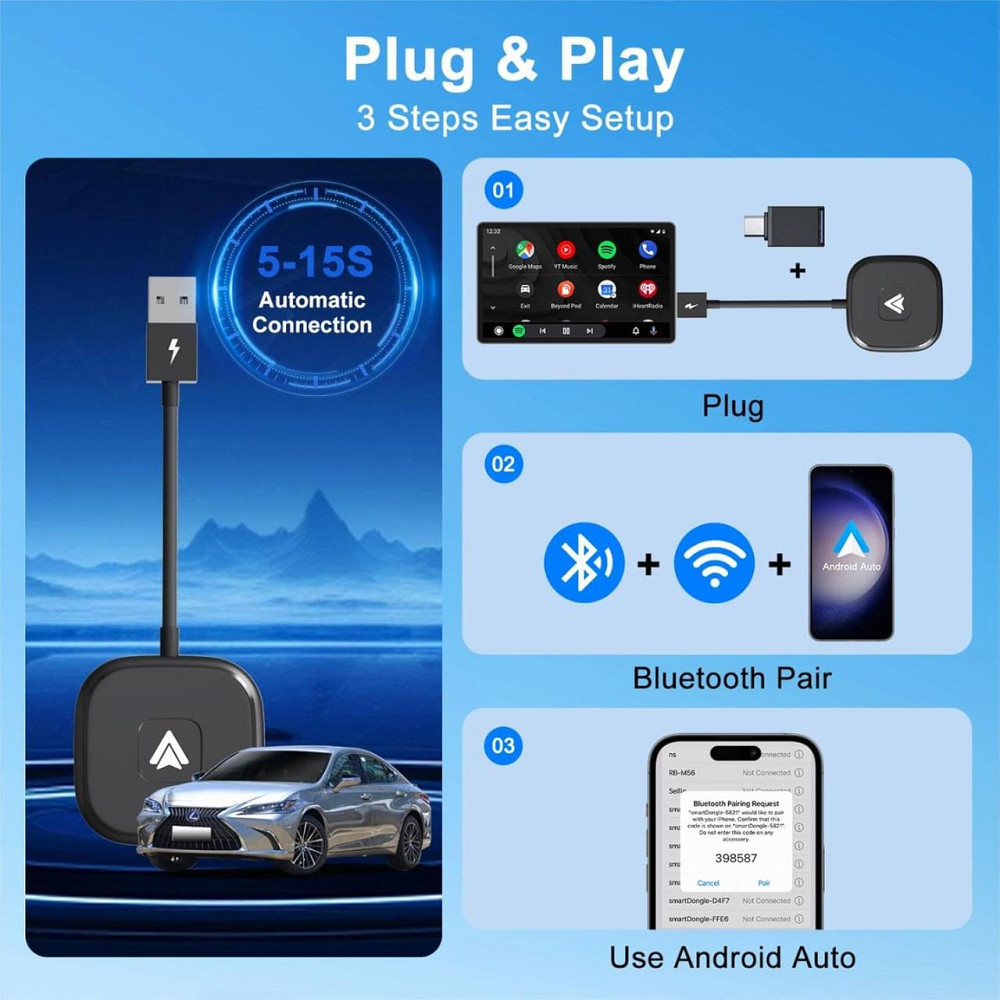 Бездротовий адаптер для штатного Android Auto для Android 11 12 13 14, перетворення провідного з Bluetooth Wi-Fi USB Київ - фото 3