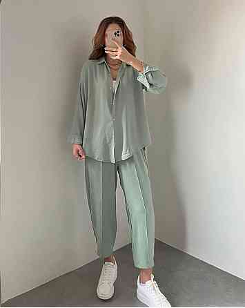 Жіночий легкий брючний костюм-двійка: сорочка та штани американський креп Оливка, 44/46 Одеса