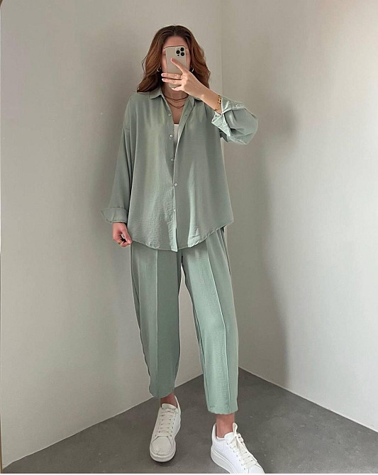 Женский легкий брючный костюм двойка: рубашка и брюки американский креп Оливка, 44/46 Одесса - изображение 4