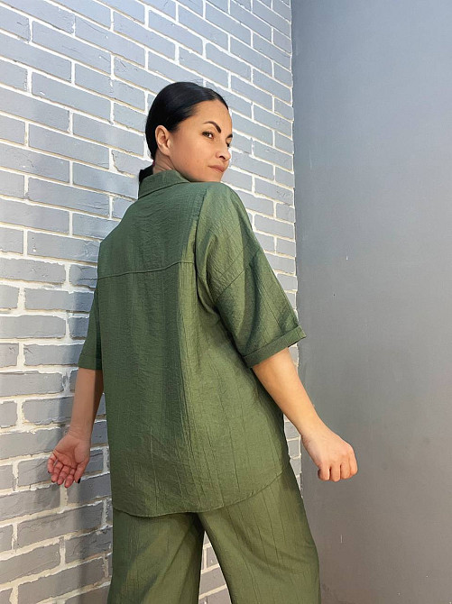 Костюм жіночий Mix Ray 4218 тканина жатка сорочка на гудзиках кишені та широкі штани на резинці хакі, хакі, S Київ - фото 14