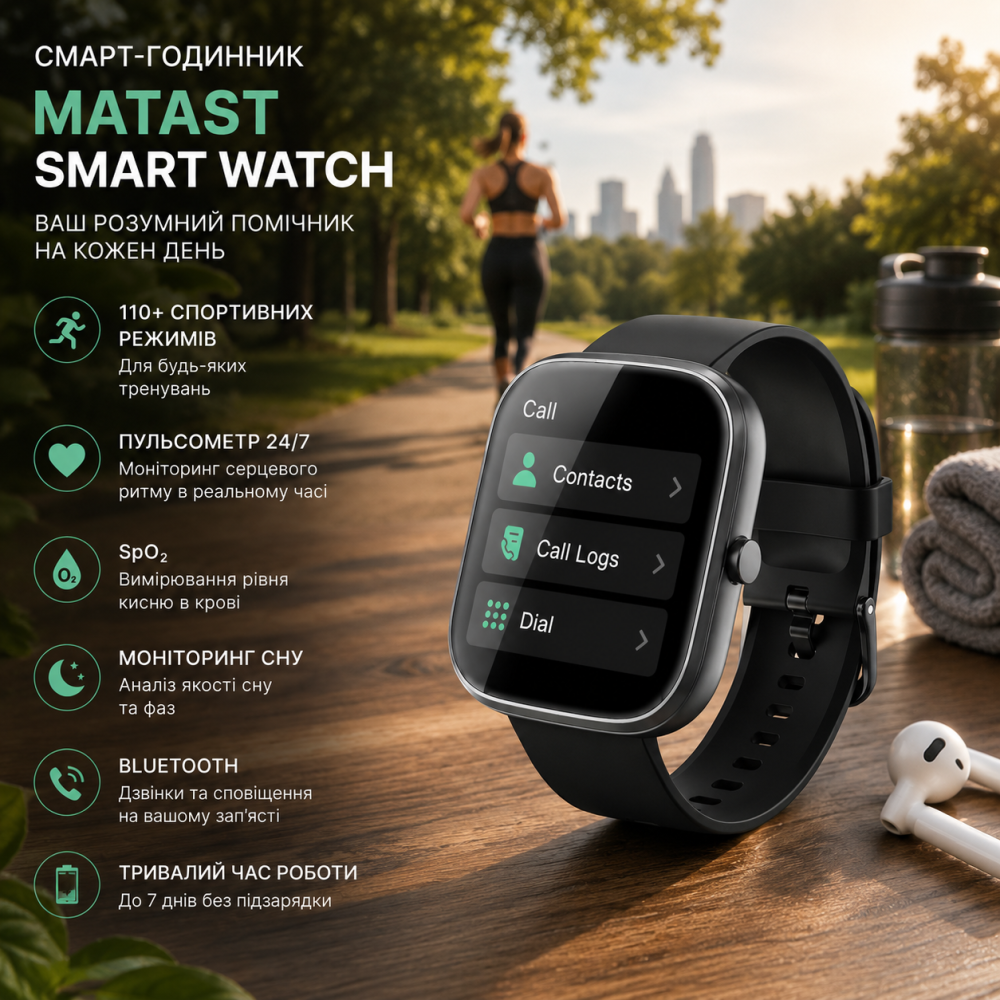 Смарт-годинник Matast Smart Watch 1.91", 110+ спортивних режимів, пульсометр, SpO2, моніторинг сну, Bluetooth Київ - фото 2