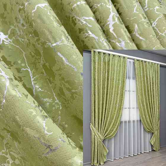Комплект готових штор VR-Textil Льон мармур Royal Touch № 2011ш Світло-оливковий 200х270 см 2 шт (32-475) Київ