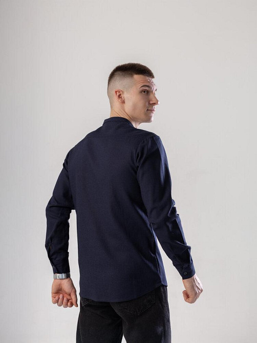 Рубашка из льна мужская синяя однотонная синяя. Рубашка casual на пуговицах синяя Pobedov Exlnt Киев - изображение 2