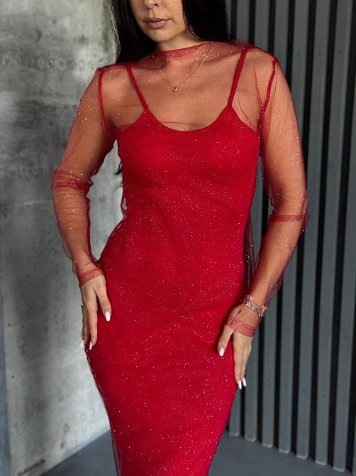 Жіноча елегантна вечірня міді-сукня віскоза та сітка блискітка Одеса - фото 1
