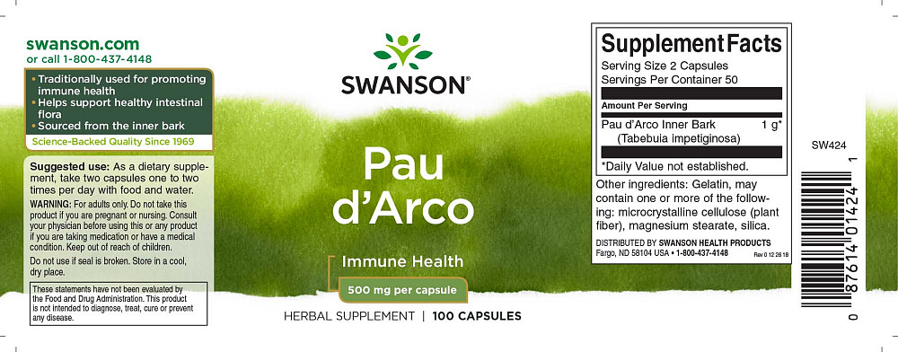 Кора муравьиного дерева Swanson Pau D'Arco 500 mg 100 caps Луцк - изображение 3