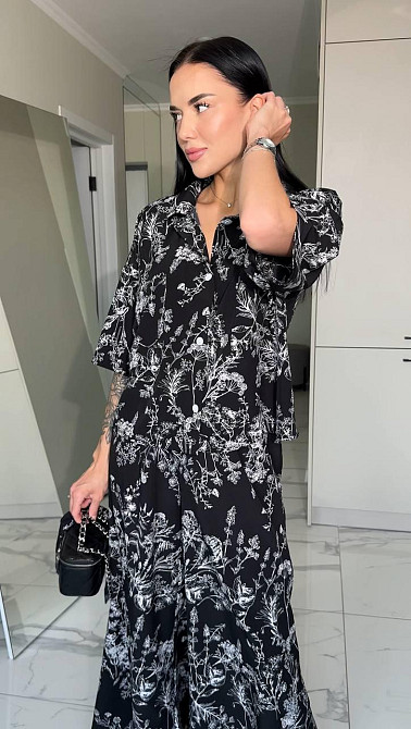 Жіночий легкий принтований костюм-трійка: хустка, сорочка та штани софт Чорний Одеса - фото 7