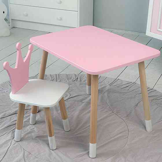 Стіл прямокутний 46х60х45 і стілець корона 26х26х24, столик та стільчик для дівчинки до 7 років, рожевий білим Київ