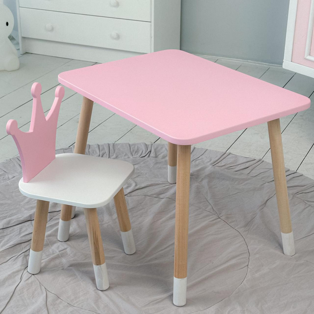 Стіл прямокутний 46х60х45 і стілець корона 26х26х24, столик та стільчик для дівчинки до 7 років, рожевий білим Київ - фото 3