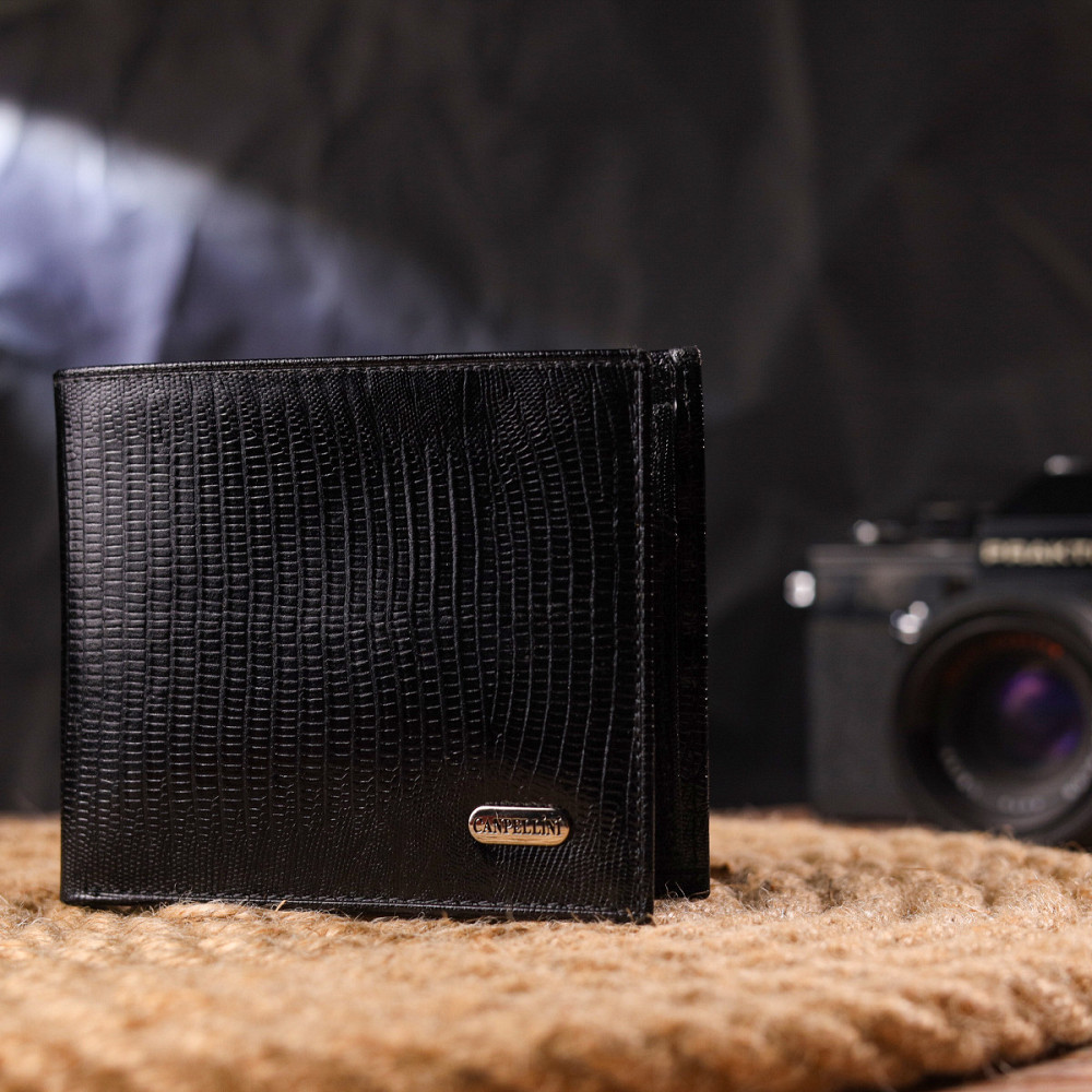 Елегантний гаманець для чоловіків у два складення з натуральної фактурної шкіри CANPELLINI 21587 Чорний Київ - фото 8