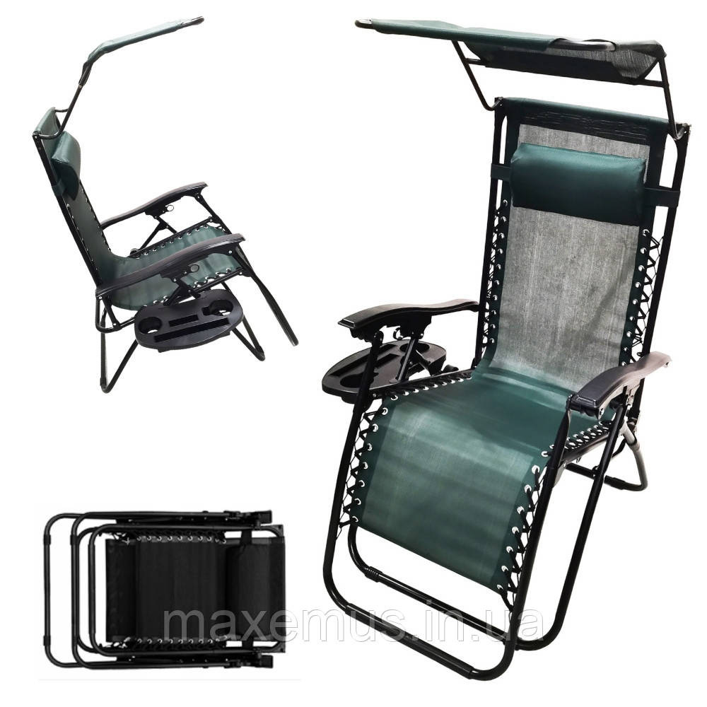 Шезлонг лежак раскладной с козырьком садовое кресло Bonro SP-167A для сада и дома отдыха на природе зеленый Мостиска - изображение 1