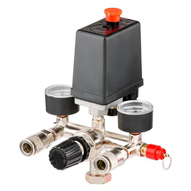 Пресостат 220 В (блок автоматики компресора) в зборі: пресостат, редуктор, 2 манометри, запобіжний клапан, 2 виходи INTERTOOL Киев - изображение 4