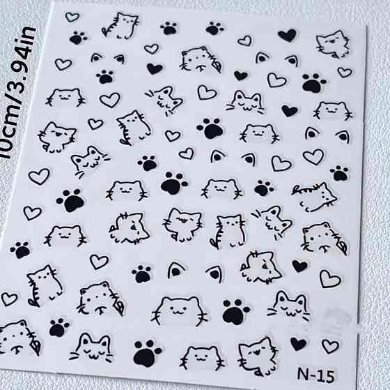 Наклейки на ногти котики черно-белые 1 лист, слайдер дизайн для маникюра, наклейки лапки сердечки kawaii Киев
