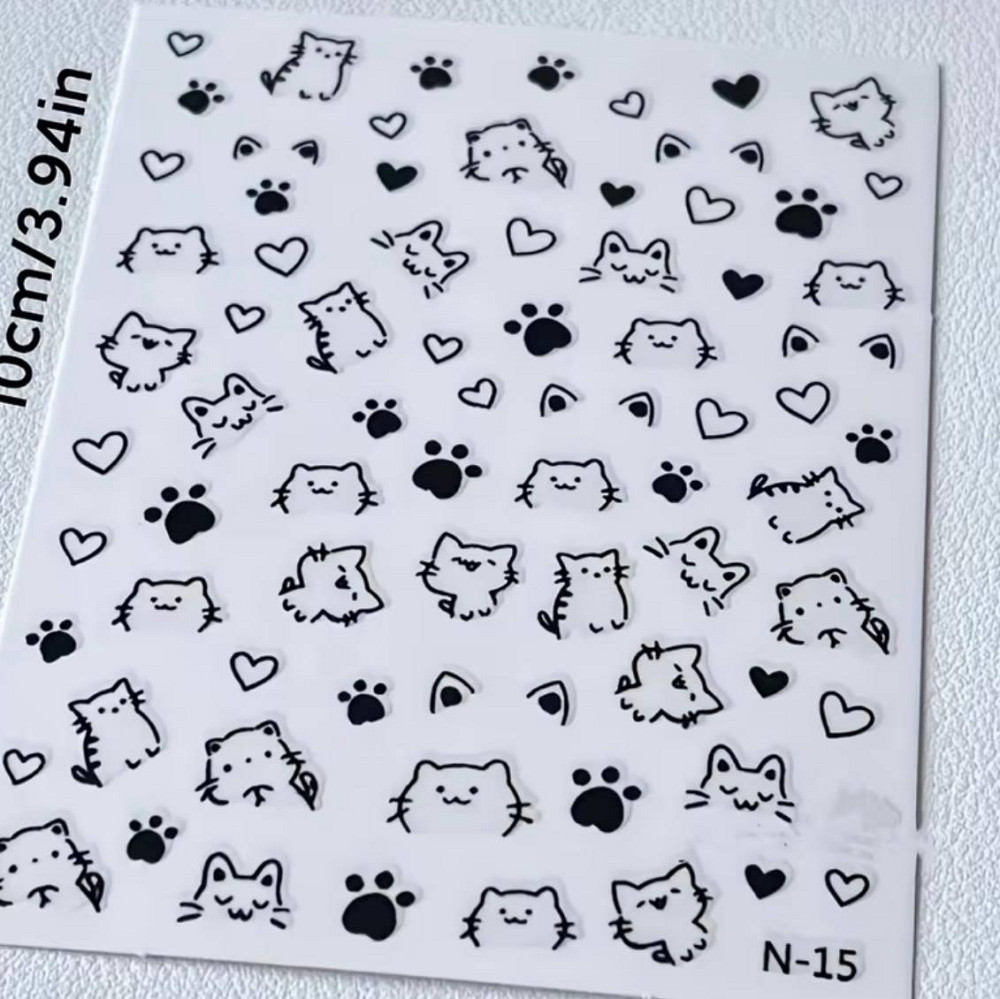 Наліпки на нігті котики чорно-білі 1 лист, слайдер дизайн для манікюру, наклейки лапки сердечка kawaii Київ - фото 3