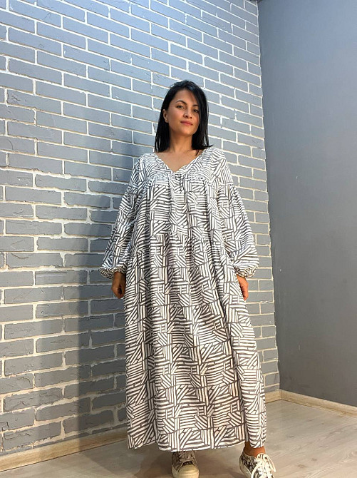 Платье женское Indigo Blue 0156789 длинное тонкое с оборками орнамент one size серое, серый, one size Киев - изображение 1