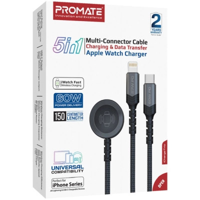 Дата кабель USB-C to Lightning 27W + USB-C 60W + Apple Watch 2.5W 1.5m icharge trio black Promate (icharge-trio.black) Вінниця - фото 6