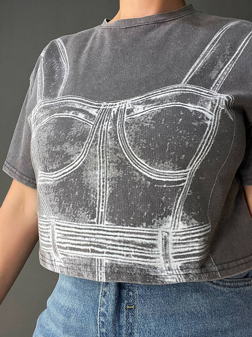 Футболка женская A-N 2732 вареная короткая широкая рисунок корсет бра, серый, one size Киев - изображение 17