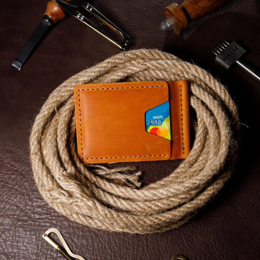 Затиск шкіряний для купюр чоловічий з відділеннями для карт, місткий гаманець на кнопці, помаранчевийMasterSem Київ - фото 4