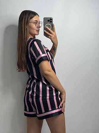 Женская пижама сатиновая Черно-розовый полоска XS/S Харьков