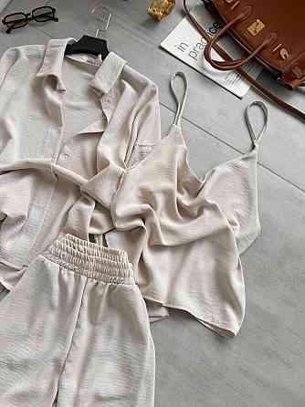 Жіночий легкий прогулянковий костюм-трійка: сорочка майка та штани креп жатка Беж, 42/46 Одеса