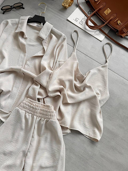 Жіночий легкий прогулянковий костюм-трійка: сорочка майка та штани креп жатка Беж, 42/46 Одеса - фото 4