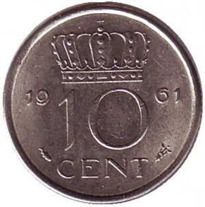 Монета 10 центов. 1961 год, Нидерланды. Полтава - изображение 1