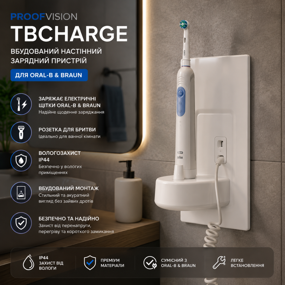 Вбудований настінний зарядний пристрій ProofVision TBCharge для Oral-B & Braun, з розеткою для бритви, IP44 Київ - фото 5