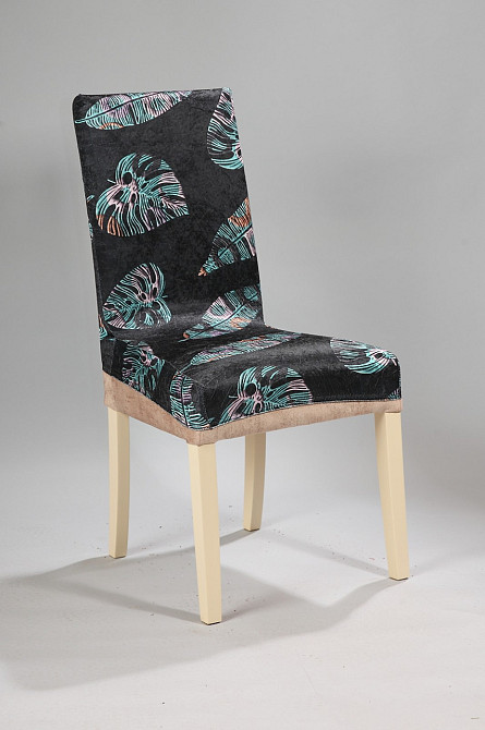 Универсальный натяжной чехол накидка на стул со спинкой с рисунком листья черный Royan 00064 Белая Церковь - изображение 1