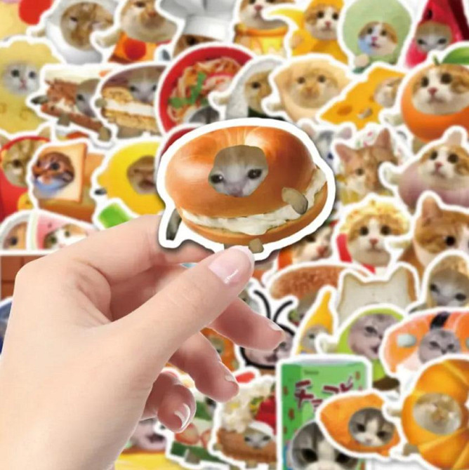 Стікери з котами та їжею - Водонепроникні вінілові наклейки з котами, стікербомбінг. Набір 50 штук. Київ - фото 3