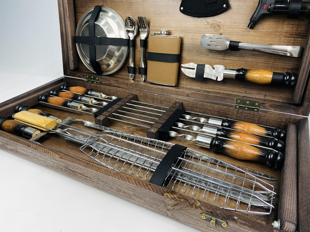 Подарунковий набір шампурів в дерев'яному кейсі ШАШЛИЧНИК LUX, ручна робота (шампура і аксесуари) HAPPY DAYS Тернопіль - фото 4