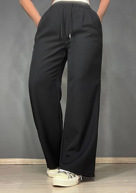 Брюки женские A-N 25110 палаццо широкие высокая талия на резинке со шнурком черные, черный, M Киев - изображение 14