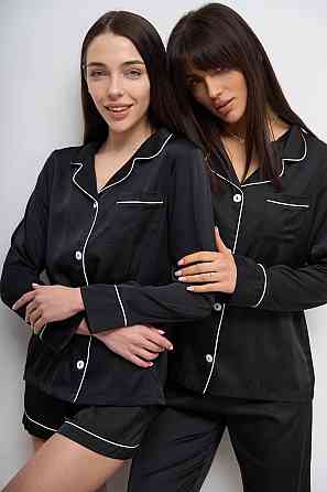 Комплект шовковий трійка сорочка з шортами і штанами Чорний XL Харків