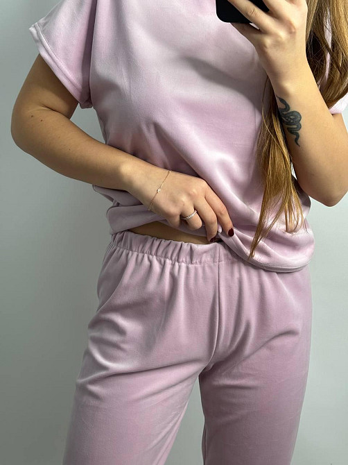 Пижама-комплект (футболка+шорти+штаны) из плюшевого велюра Розовый M Харьков - изображение 3