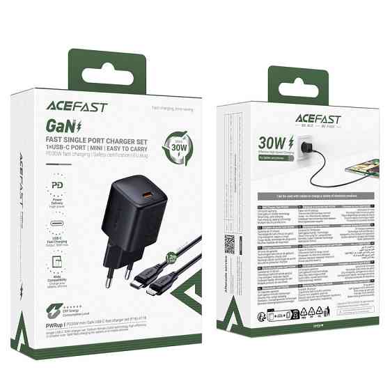 Мережевий зарядний пристрій з кабелем ACEFAST A118 PD30W mini GaN USB-C fast charger set (P16) Black Одеса
