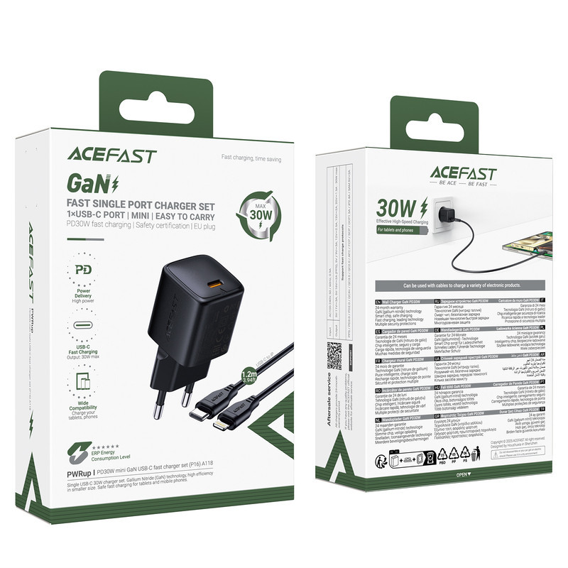 Мережевий зарядний пристрій з кабелем ACEFAST A118 PD30W mini GaN USB-C fast charger set (P16) Black Одеса - фото 2