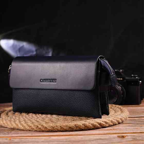 Добротний чоловічий клатч із натуральної комбінованої шкіри Синій (CANPELLINI) Київ