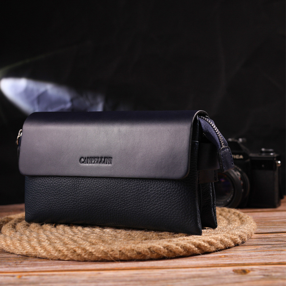 Добротний чоловічий клатч із натуральної комбінованої шкіри Синій (CANPELLINI) Київ - фото 3