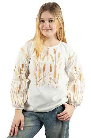 Вышиванка для девочек льняная с длинным рукавом,  молочная 116 Киев