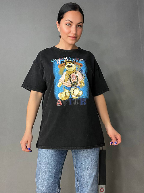 Футболка жіноча YIGOU 74 тай дай оверсайз з принтом собака, чорний, one size Київ - фото 1