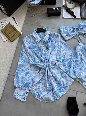 Жіночий літній принтований костюм четвірка: хустинка, кроп-топ, сорочка та шорти штапель/софт Одеса