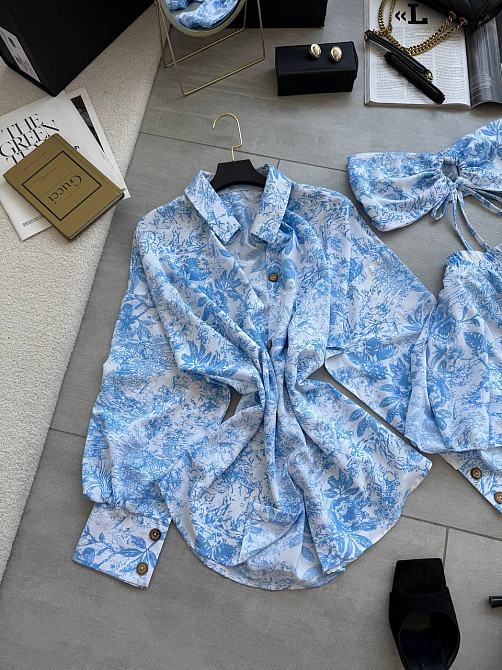 Жіночий літній принтований костюм четвірка: хустинка, кроп-топ, сорочка та шорти штапель/софт Одеса - фото 5