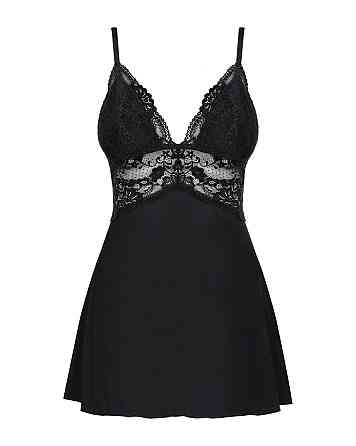 Сатиновый пеньюар с кружевом Obsessive 810-BAB-1 babydoll & thong L/XL, черный, пеньюар, танга Sex Aura Киев