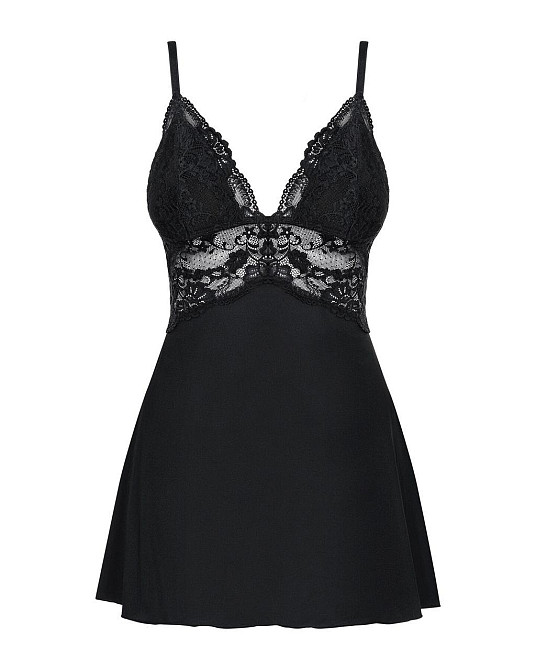 Сатиновый пеньюар с кружевом Obsessive 810-BAB-1 babydoll & thong L/XL, черный, пеньюар, танга Sex Aura Киев - изображение 5