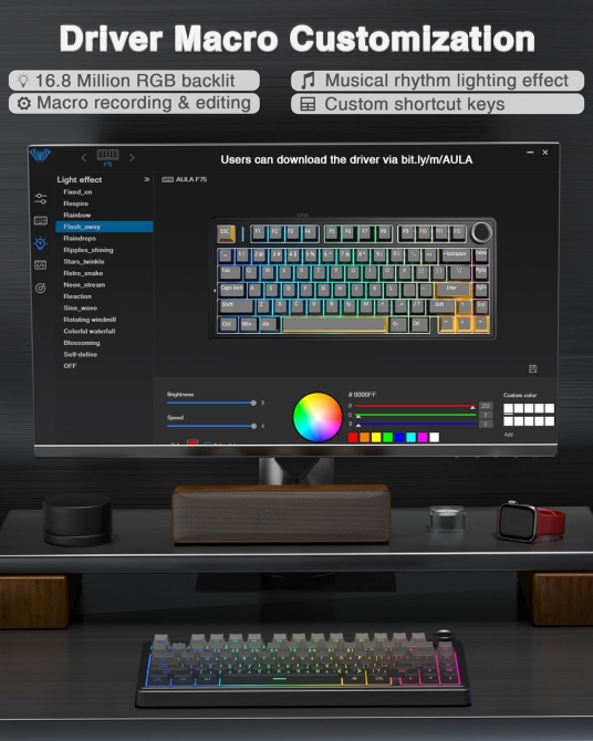 Бездротова механічна клавіатура AULA F75 Black RGB — 75%, Hot-Swap, Bluetooth/2.4GHz/Type-C, Gasket Mount, Бічне гравіювання Київ - фото 8