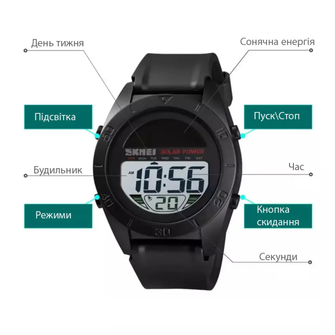 Мужские спортивные наручные часы Skmei 1592 Solar с солнечной батареей (Черный) Винница - изображение 8